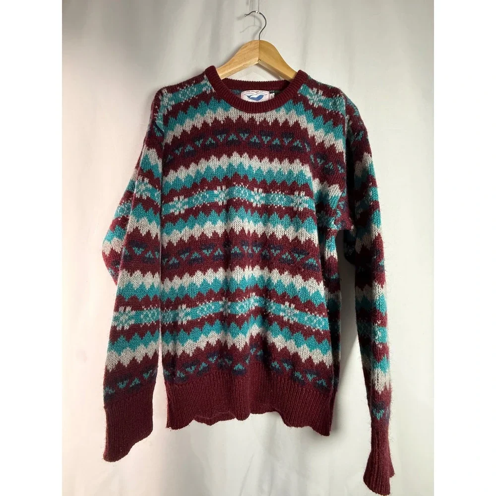 Bar Harbor Knits Mens Large VTG Wool Sweater Burgundy Teal USA